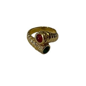 Gold & Cabochon Green & Red Gemstone Bypass Ring